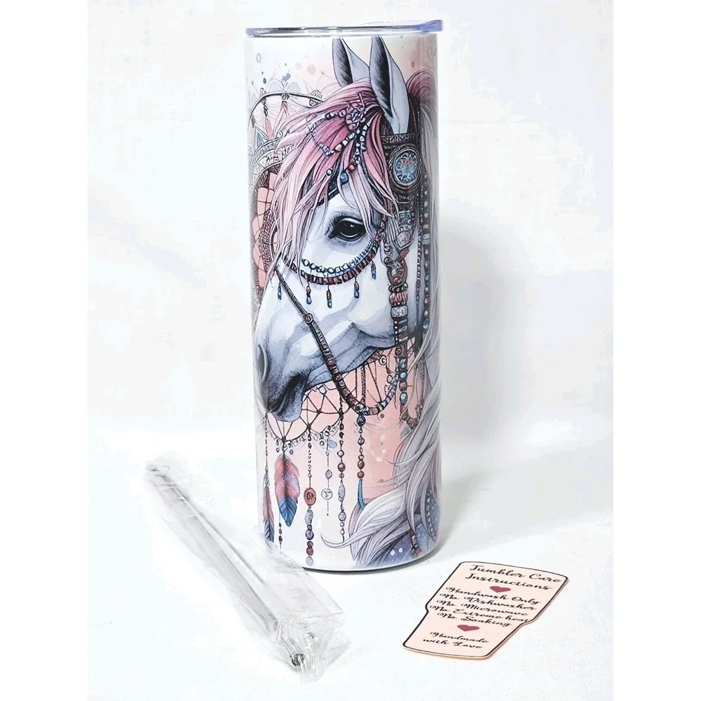 Horse Equestrian Animal Print Flowers Fun 20oz Stainless Steel Skinny Tumbler